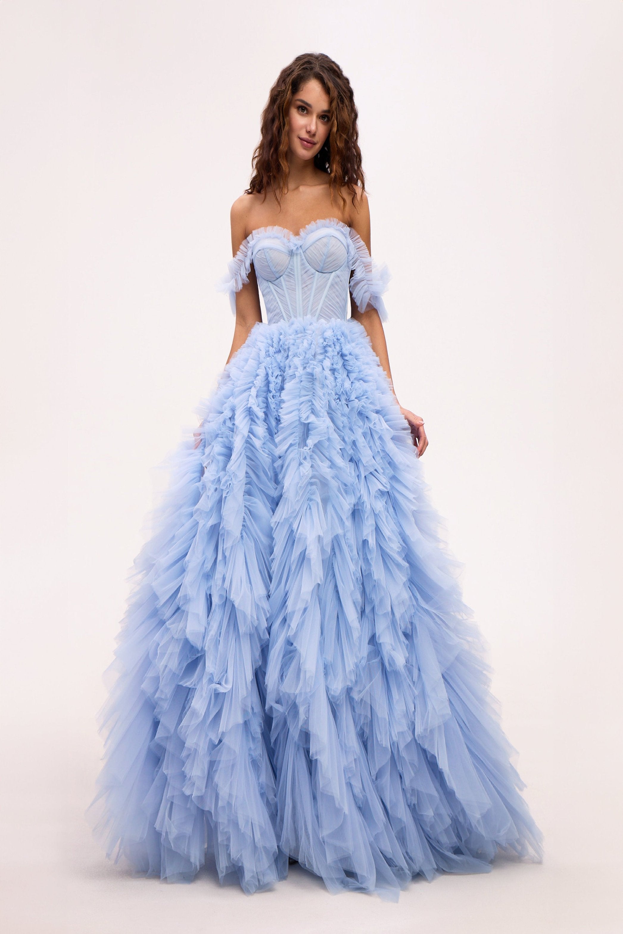 LIGHT BLUE RUFFLED EVENING FLUFFY DRESS