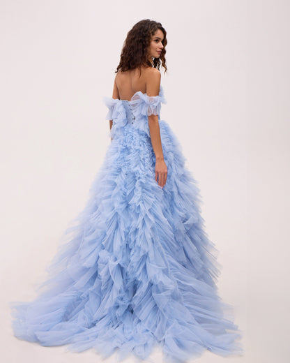 LIGHT BLUE RUFFLED EVENING FLUFFY DRESS