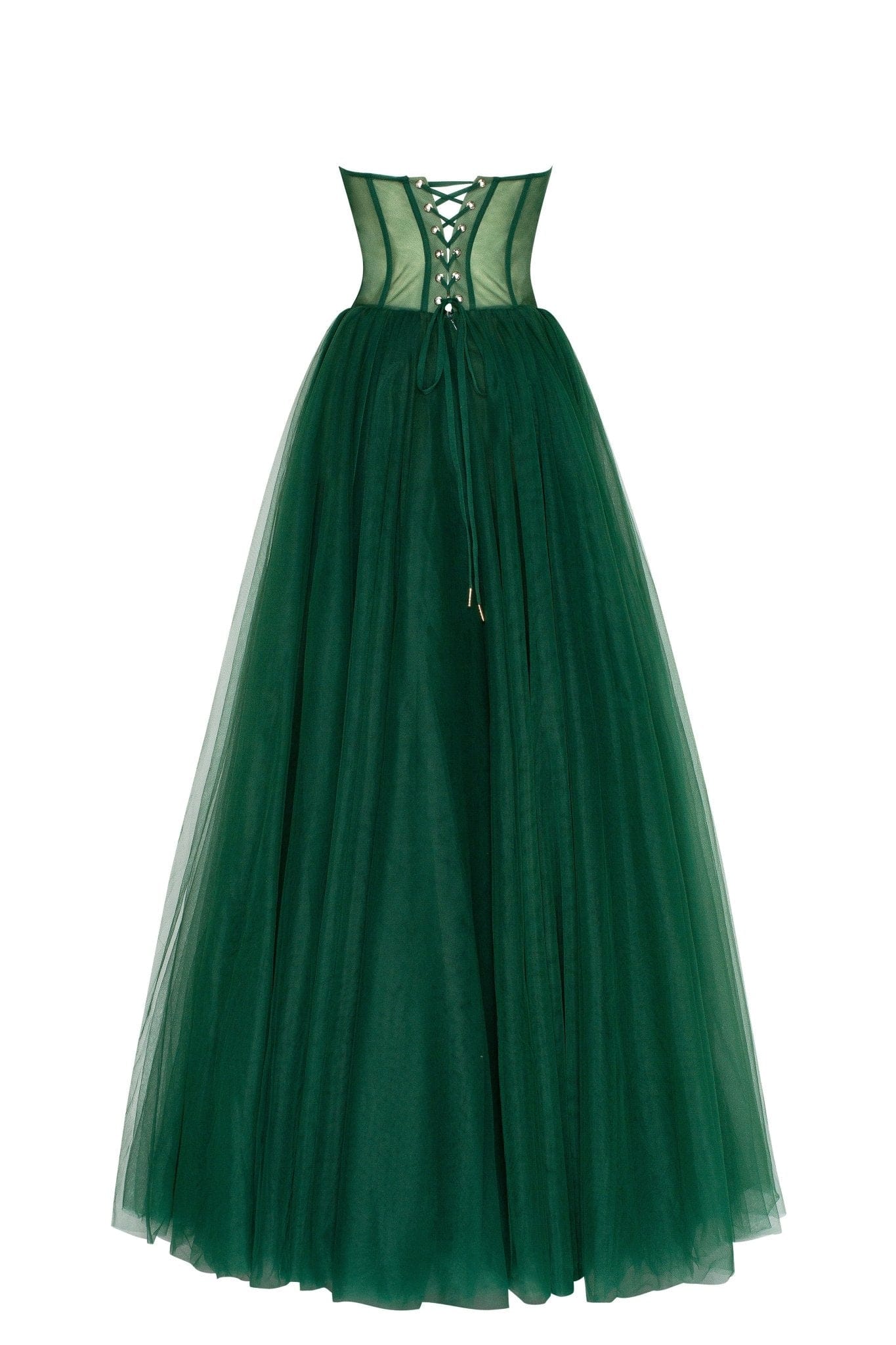 EMERALD GREEN TULLE MAXI DRESS WITH CORSET BUSTIER