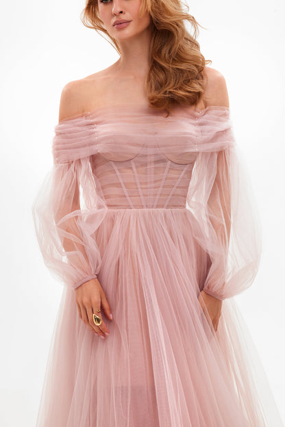 MISTY ROSE SHEER SLEEVES MAXI TULLE DRESS