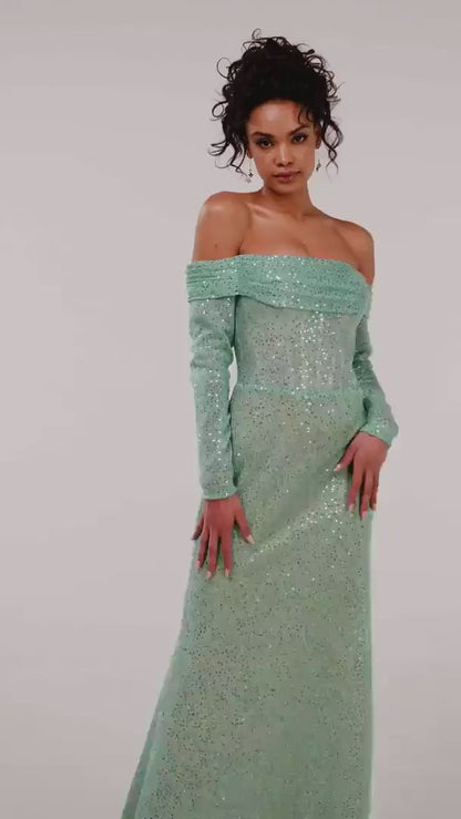 MINT GREEN ROMANTIC OFF SHOULDER SPARKLING DRESS