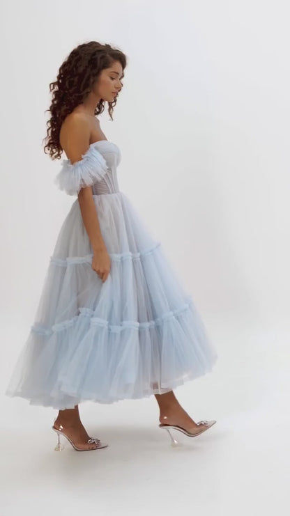 LIGHT OCEAN BLUE RUFFLED TULLE MIDI DRESS