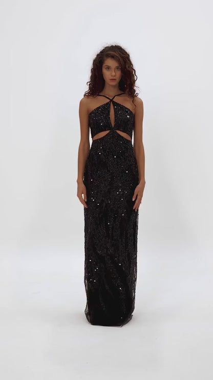 CUT OUT HALTERNECK BLACK MAXI SEQUINS