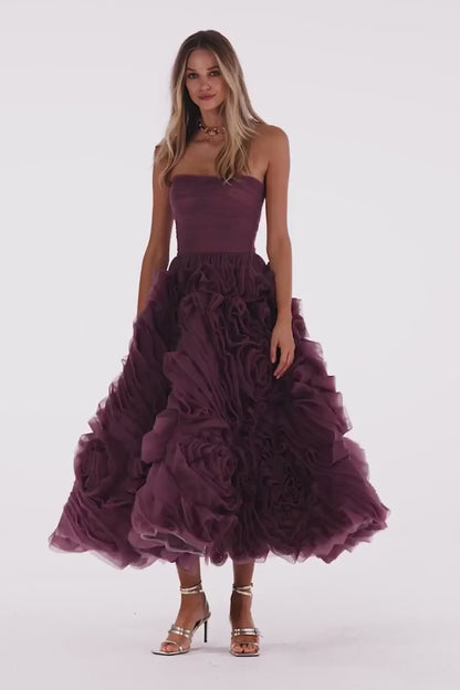 DRAMATICALLY WINE FLOWERED TULLE DRESS