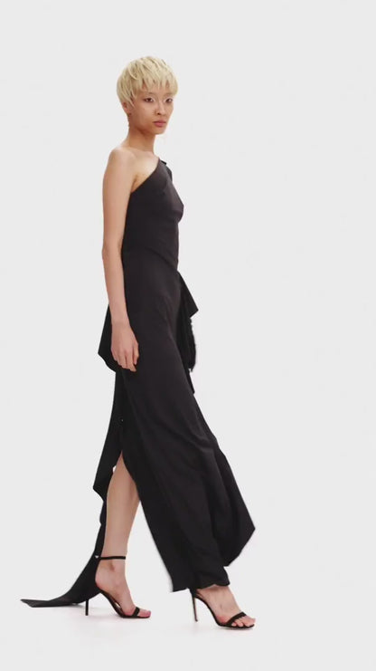 BLACK SHOULDER RUFFLE MAXI DRESS