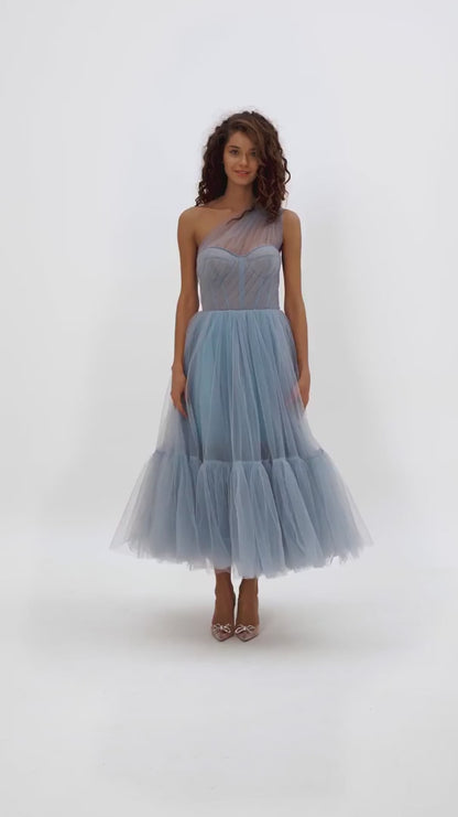 LIGHT BLUE ONE SHOULDER COCKTAIL TULLE DRESS