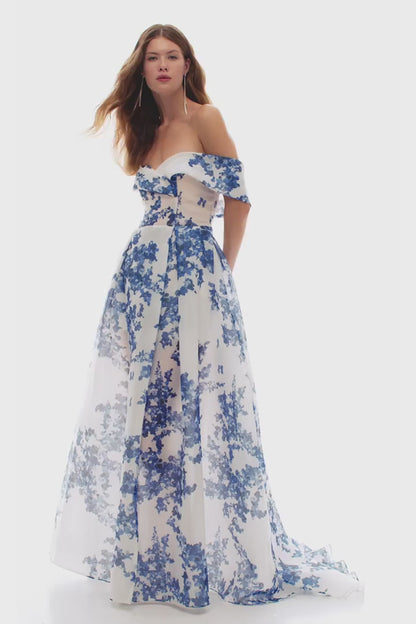 CHARMING OFF SHOULDER BLUE HYDRANGEA MAXI DRESS