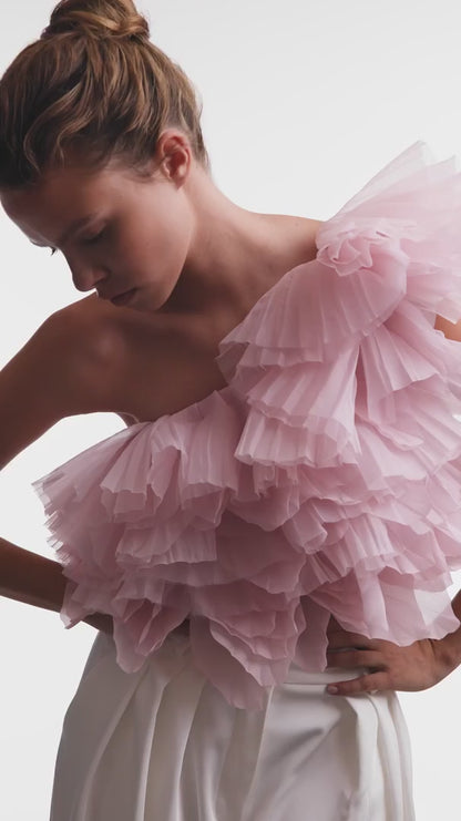 FLIRTY RUFFLED ONE SHOULDER ORGANZA PINK TOP