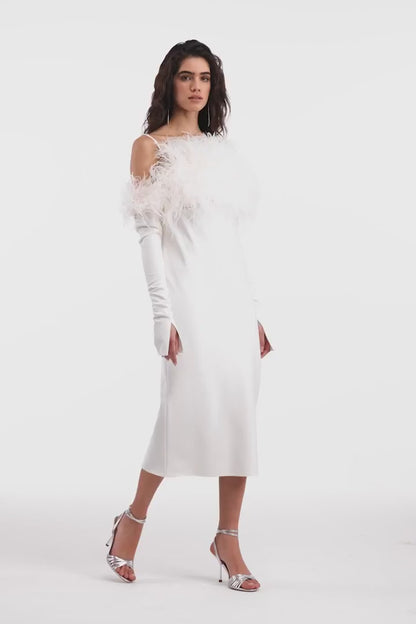 VOGUISH FEATHER MIDI DRESS