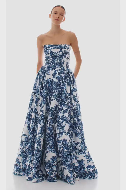 RAVISHING BLUE HYDRANGEA CORSET MAXI DRESS