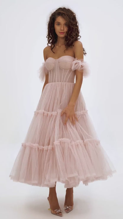 MISTY ROSE RUFFLED TULLE MIDI DRESS