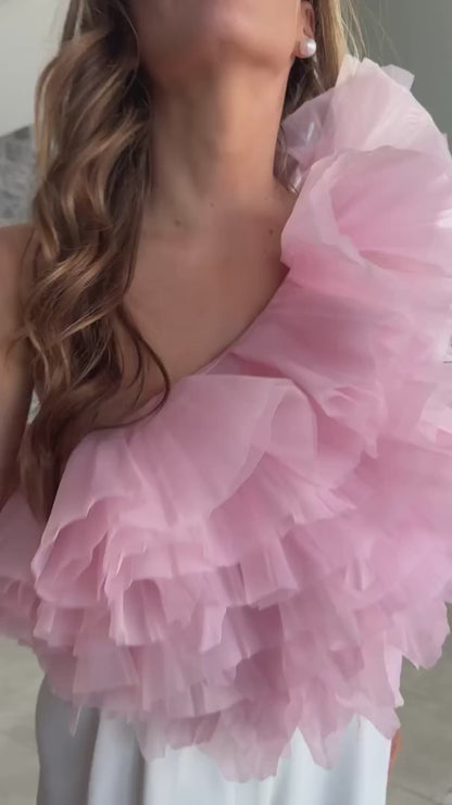 FLIRTY RUFFLED ONE SHOULDER ORGANZA PINK TOP