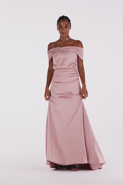 MISTY ROSE OFF SHOULDER SILK MAXI DRESS