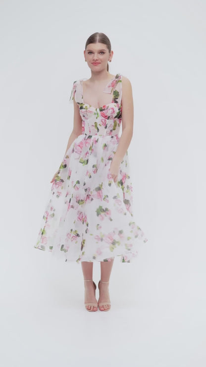 TENDER FLORAL MIDI TIE STRAP DRESS