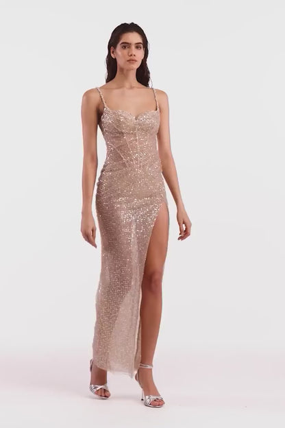 CHAMPAGNE GOLD CRYSTAL MAXI DRESS