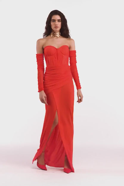 FLAMBOYANT CORAL BUSTIER MAXI DRESS