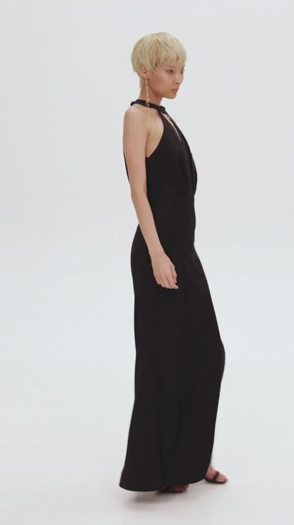 CLASSICAL BLCK HALTERNECK SATIN MAXI DRESS