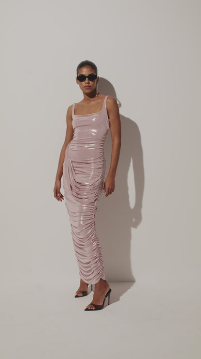 DRAPED MIDI DRESS WITH METALLIC SHEEN