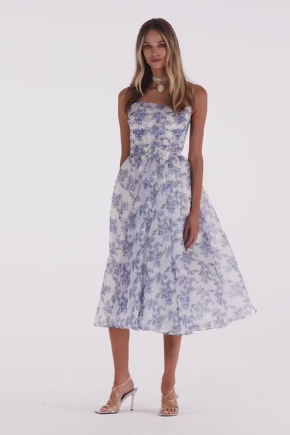 BLUE HYDRANGEA SPAGHETTI STRAP MIDI DRESS