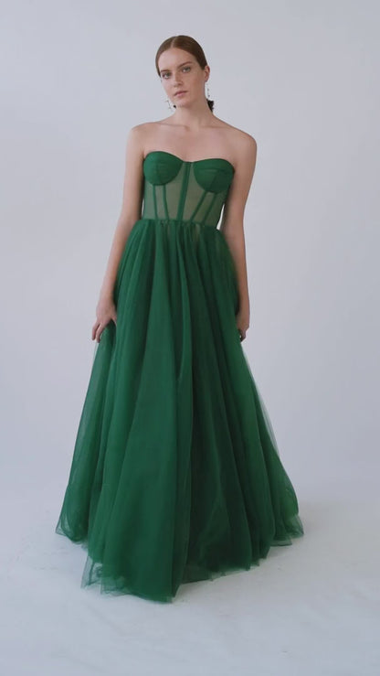 EMERALD GREEN TULLE MAXI DRESS WITH CORSET BUSTIER