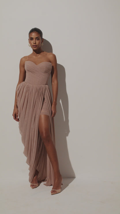 DRESS WITH CORSET BODICE AND DRAPING