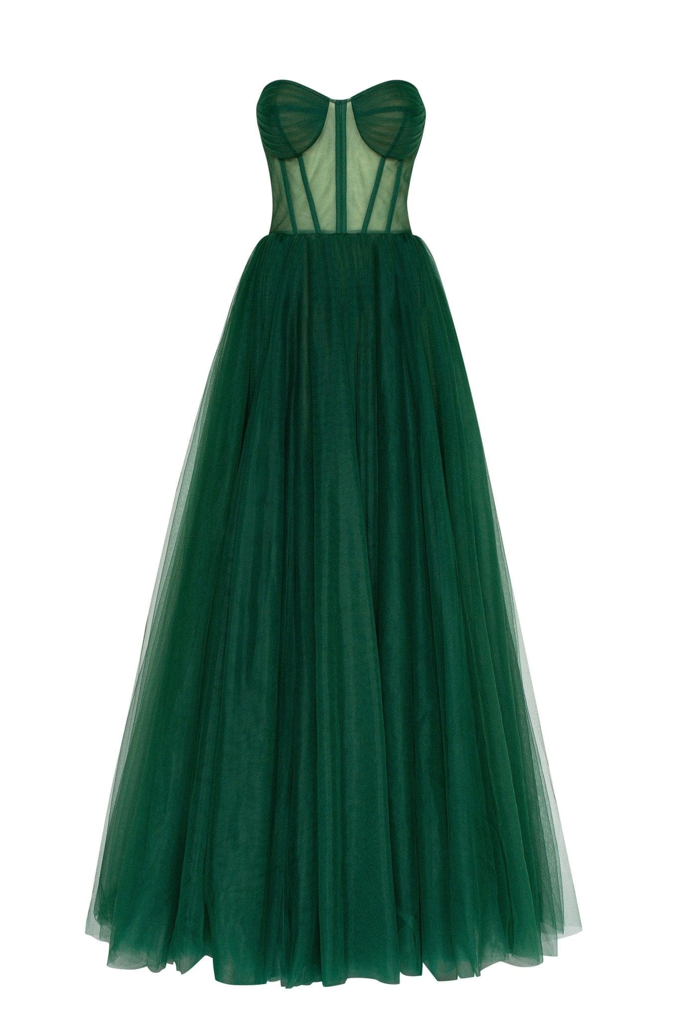 EMERALD GREEN TULLE MAXI DRESS WITH CORSET BUSTIER